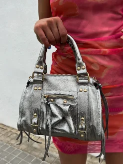 Bolso hebillas piel brillos plata