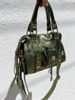 Bolso hebillas piel brillos caqui