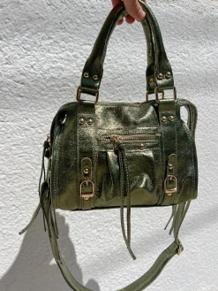 Bolso hebillas piel brillos caqui