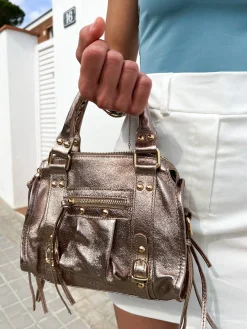 Bolso hebillas piel brillos bronce