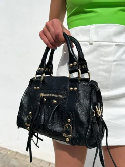 Bolso hebillas piel brillos negro