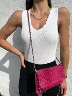 Bolso piel cadenas coco fucsia