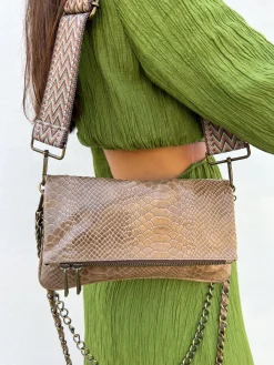 Bolso piel cadenas coco marrón