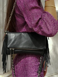 Bolso piel cadenas flecos negro