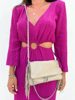 Bolso piel cadenas flecos crema