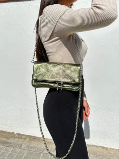 Bolso piel cadenas metalizado caqui