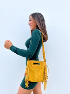 Bolso piel flecos amarillo