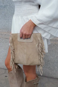 Bolso piel flecos beige