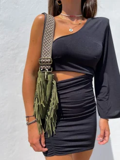 Bolso piel flecos caqui