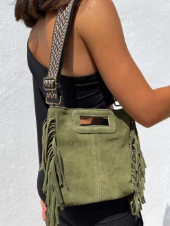Bolso piel flecos caqui