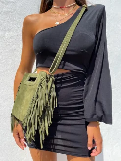 Bolso piel flecos caqui