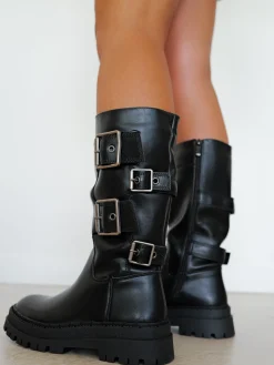 Bota biker hebillas negra