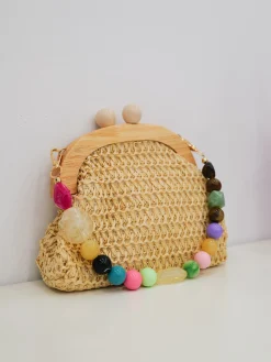Clutch rafia abalorios beige