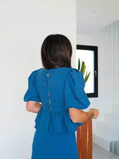 Conjunto falda midi pomposo petróleo