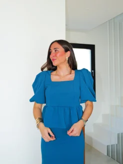 Conjunto falda midi pomposo petróleo