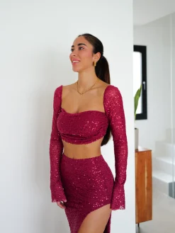 Conjunto glitter midi burdeos