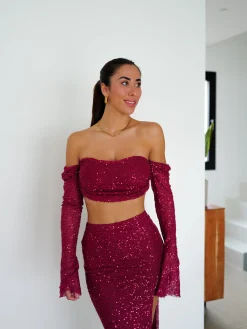 Conjunto glitter midi burdeos