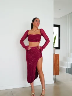 Conjunto glitter midi burdeos