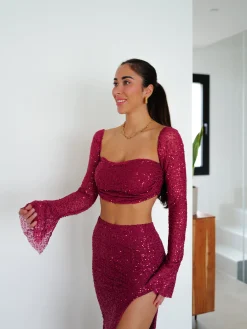 Conjunto glitter midi burdeos