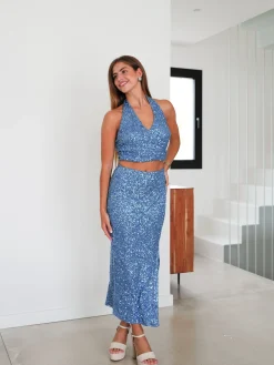 Falda glitter midi azul