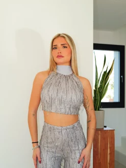 Top conjunto flecos glitter plata