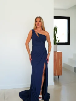 Vestido asimétrico drapeado marino