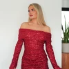 Vestido bardot glitter rojo