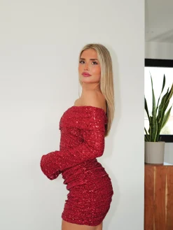 Vestido bardot glitter rojo