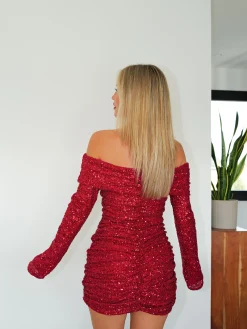 Vestido bardot glitter rojo