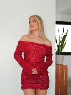 Vestido bardot glitter rojo