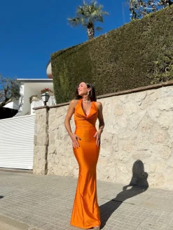 Vestido cascada largo naranja