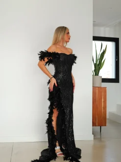 Vestido corse glitter plumas negro