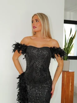 Vestido corse glitter plumas negro