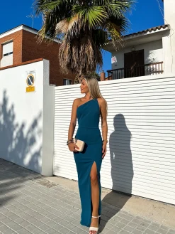 Vestido escote asim sirena petróleo