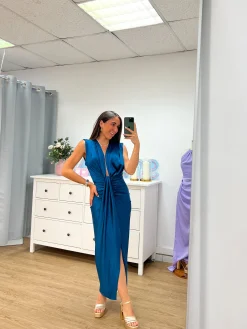 Vestido escote lazo petróleo