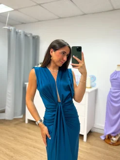 Vestido escote lazo petróleo