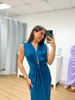 Vestido escote lazo petróleo