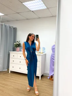 Vestido escote lazo petróleo