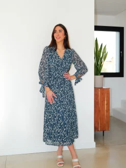 Vestido frunce estampado azul
