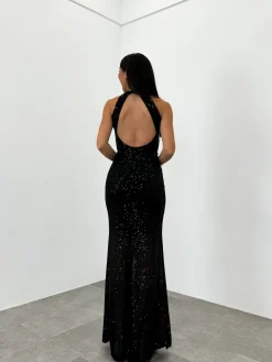 Vestido glitter largo halter negro