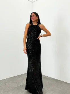 Vestido glitter largo halter negro