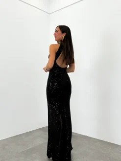Vestido glitter largo halter negro