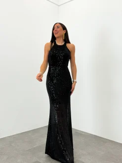 Vestido glitter largo halter negro