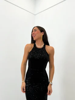 Vestido glitter largo halter negro