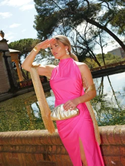 Vestido halter espalda lazo fucsia