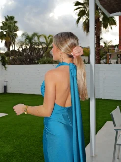 Vestido halter espalda lazo petróleo