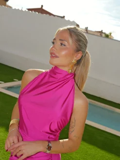 Vestido halter espalda lazo fucsia