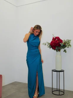 Vestido halter espalda lazo petróleo