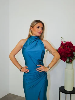 Vestido halter espalda lazo petróleo