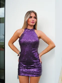 Vestido halter glitter morado